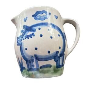M.A. Hadley Hand Painted Pig Pitcher Blue Cream Folk Art Pottery Signed USA